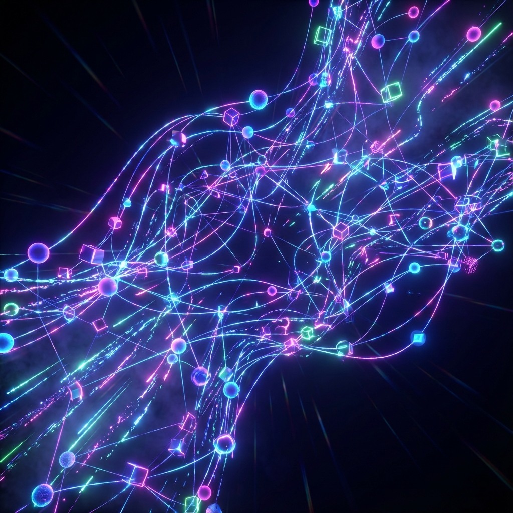 Abstract digital network connections with nodes and lines in neon colors, 3d render, energetic, no people